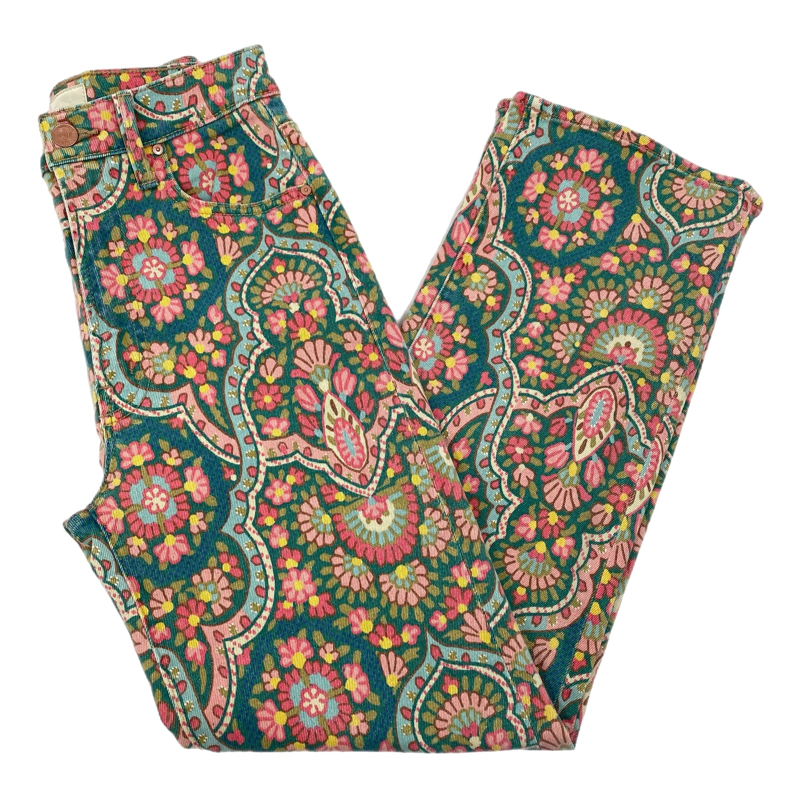 Mother Green Pink Floral Print Hi-Rise Straight Jeans | Size 24